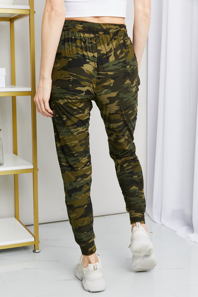 LOVEIT Full Size Camouflage Drawstring Waist Zipper Detail Joggers-Timber Brooke Boutique, Online Women's Fashion Boutique in Amarillo, Texas