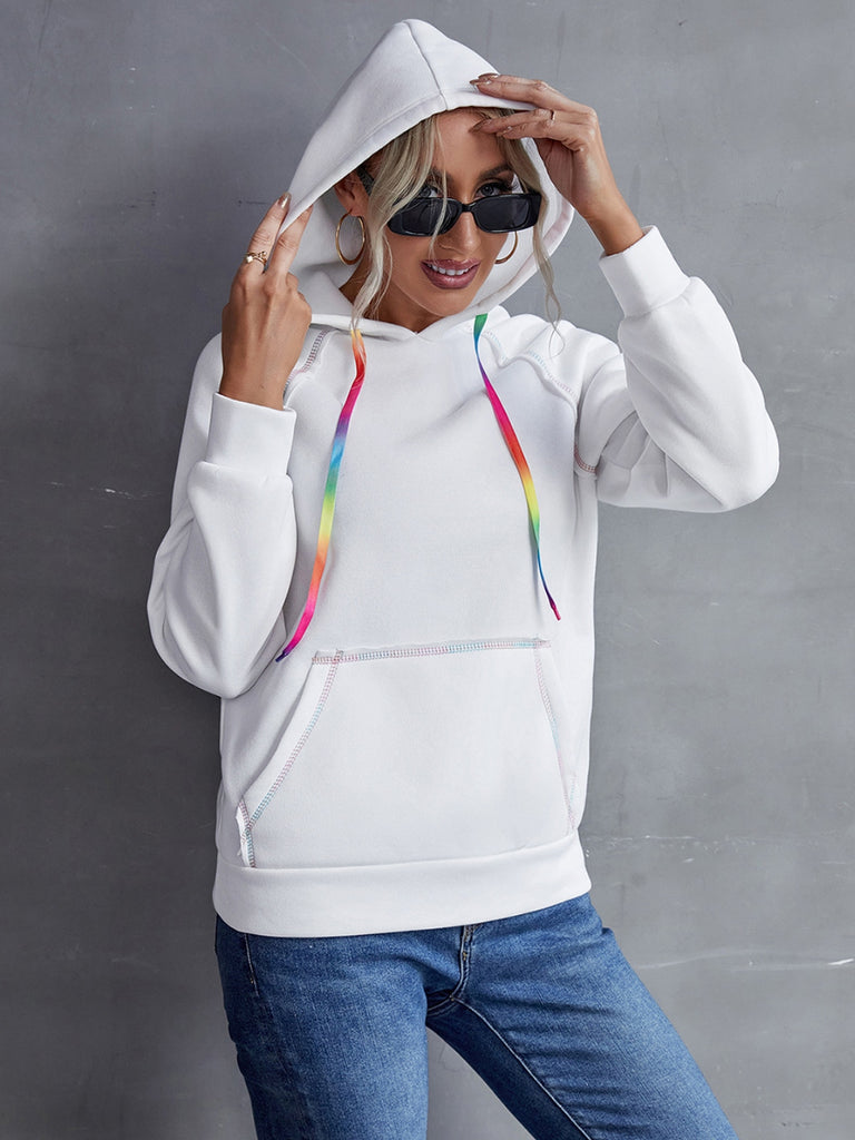 Contrast Stitching Drawstring Raglan Sleeve Hoodie-Timber Brooke Boutique, Online Women's Fashion Boutique in Amarillo, Texas