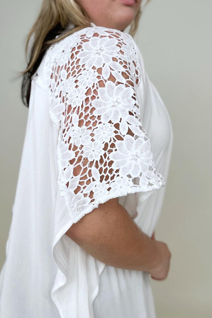 Davi & Dani Solid Button Down Short Sleeve Hi-Low Lace Loose Top-Blouses-Timber Brooke Boutique, Online Women's Fashion Boutique in Amarillo, Texas