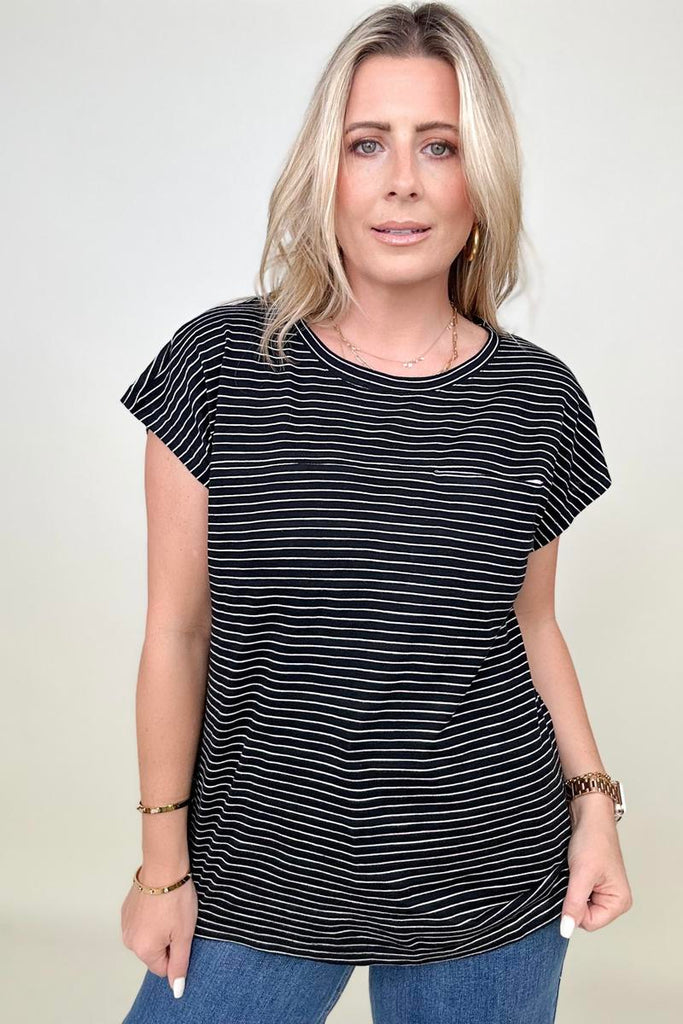 Cotton Bleu Striped Casual Top With Contrast Pocket Detailed-T-shirts-Timber Brooke Boutique, Online Women's Fashion Boutique in Amarillo, Texas