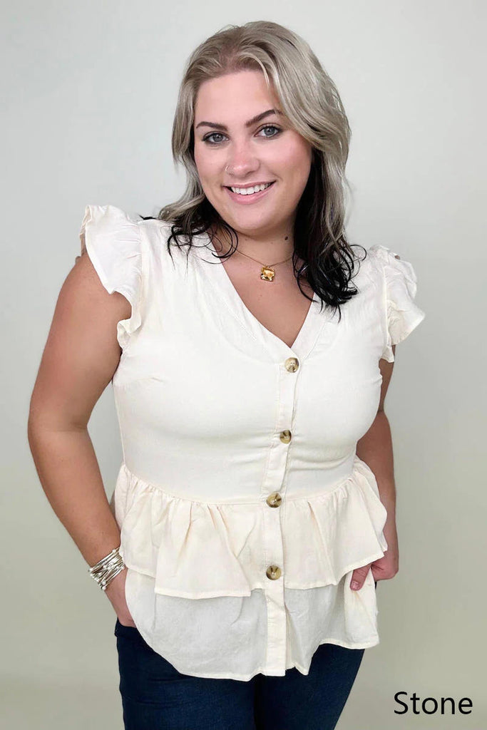 Hayden Button-Down Ruffle Hem Top-Blouses-Timber Brooke Boutique, Online Women's Fashion Boutique in Amarillo, Texas