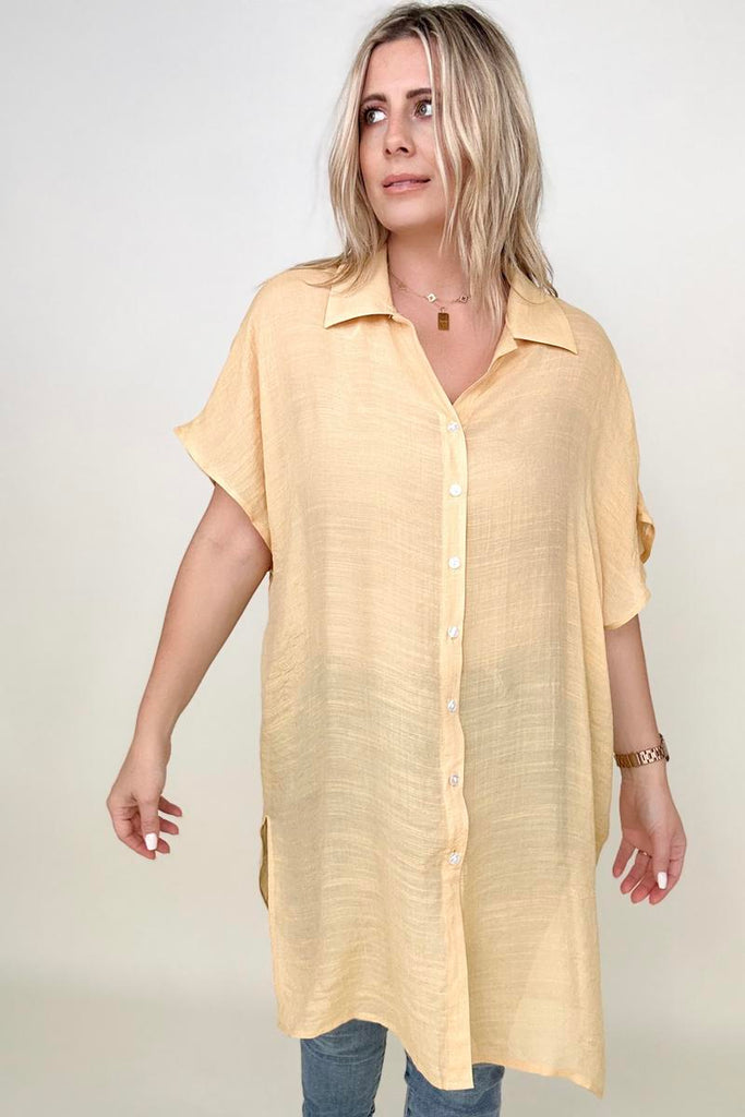 Gigio Solid Button Down Loose Fit Gauzy Tunic-Blouses-Timber Brooke Boutique, Online Women's Fashion Boutique in Amarillo, Texas