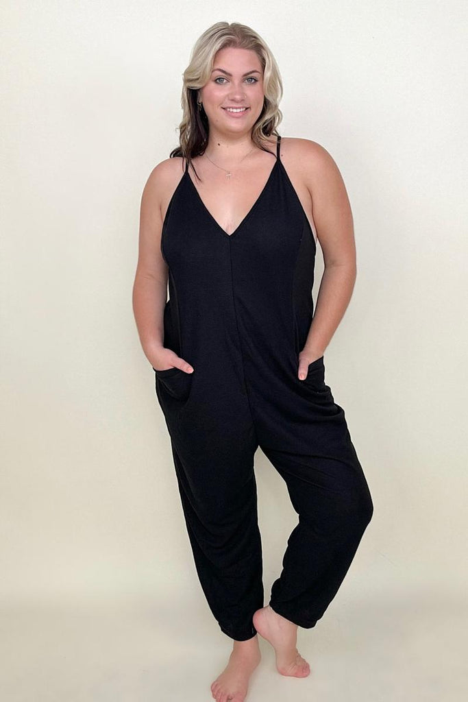 Textured Black Sleeveless V-Neck Pocketed Jumpsuit-Jumpsuits-Timber Brooke Boutique, Online Women's Fashion Boutique in Amarillo, Texas