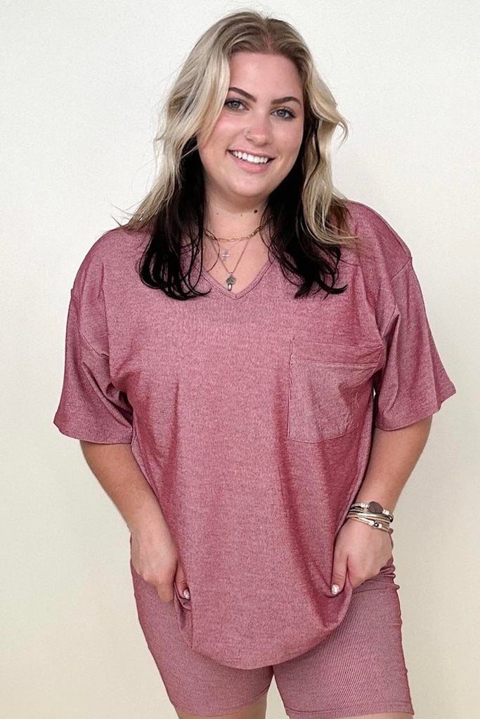 Petal Dew Solid V Neck Short Sleeve Loose Fit T-Shirt-T-shirts-Timber Brooke Boutique, Online Women's Fashion Boutique in Amarillo, Texas