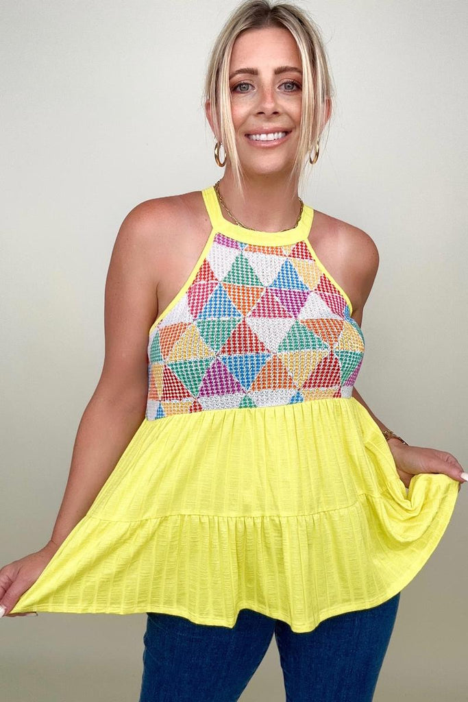 Haptics Multi Geometric Waffle Knit Babydoll Top-Blouses-Timber Brooke Boutique, Online Women's Fashion Boutique in Amarillo, Texas