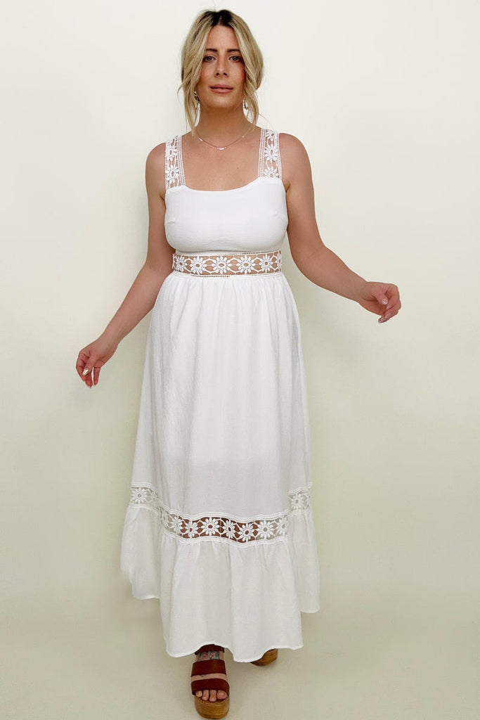 White Floral Openwork Strap Maxi Dress-Maxi Dresses-Timber Brooke Boutique, Online Women's Fashion Boutique in Amarillo, Texas