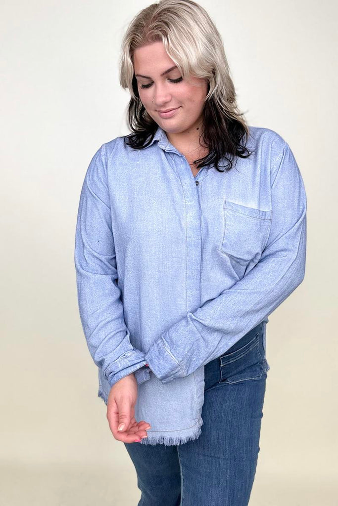 Umgee Button Down Boyfriend Shirt With Frayed Hem-Blouses-Timber Brooke Boutique, Online Women's Fashion Boutique in Amarillo, Texas