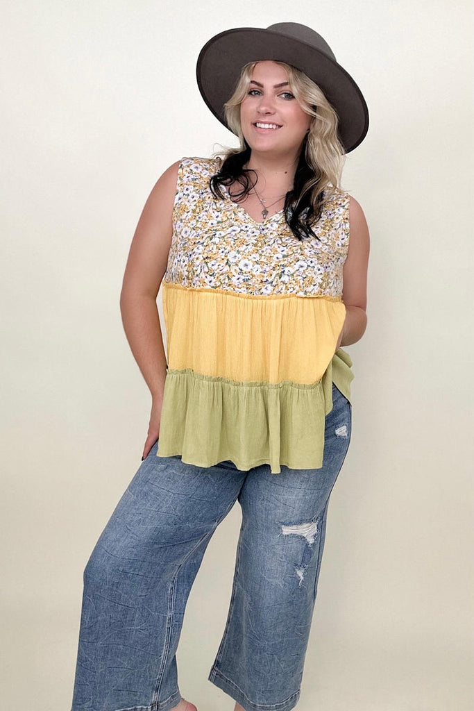 Gigio Floral Color Block Tiered V-Neck Top-Blouses-Timber Brooke Boutique, Online Women's Fashion Boutique in Amarillo, Texas