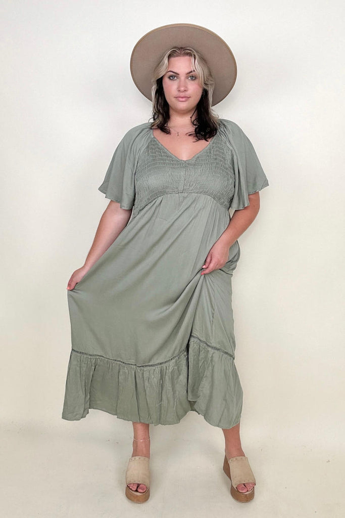 Heyson Smocked Bust Butterfly Sleeve Midi Dress with Pockets-Midi Dresses-Timber Brooke Boutique, Online Women's Fashion Boutique in Amarillo, Texas