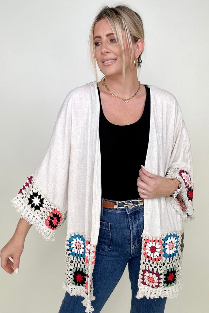 Umgee Linen Blend Patch Crochet Kimono-Kimonos-Timber Brooke Boutique, Online Women's Fashion Boutique in Amarillo, Texas