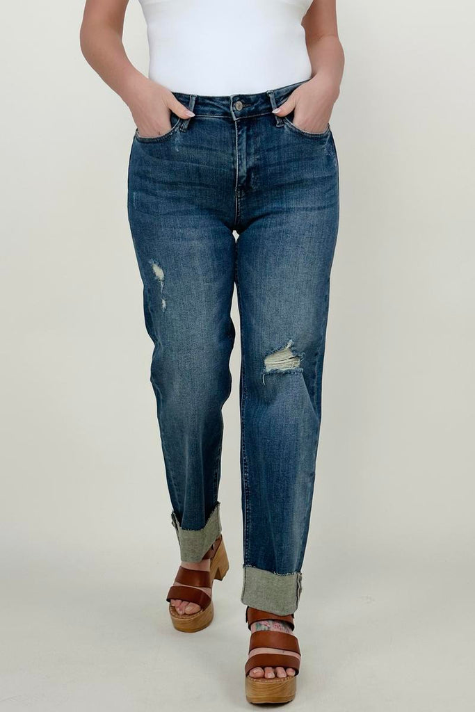 Judy Blue Mid-Rise Destroy & Single Cuff Dad Jean Straight Jeans-Jeans-Timber Brooke Boutique, Online Women's Fashion Boutique in Amarillo, Texas