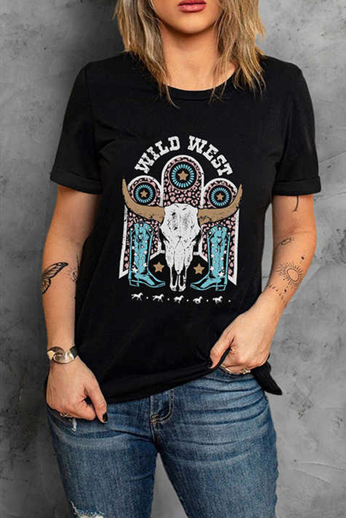 Black Cotton Wild West Graphic Knit Tee-Timber Brooke Boutique, Online Women's Fashion Boutique in Amarillo, Texas