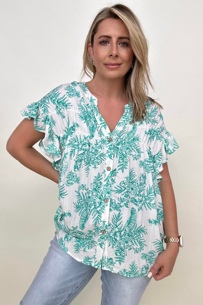 Cozy Co Floral Print Button Down Ruffle Sleeve Top-Blouses-Timber Brooke Boutique, Online Women's Fashion Boutique in Amarillo, Texas