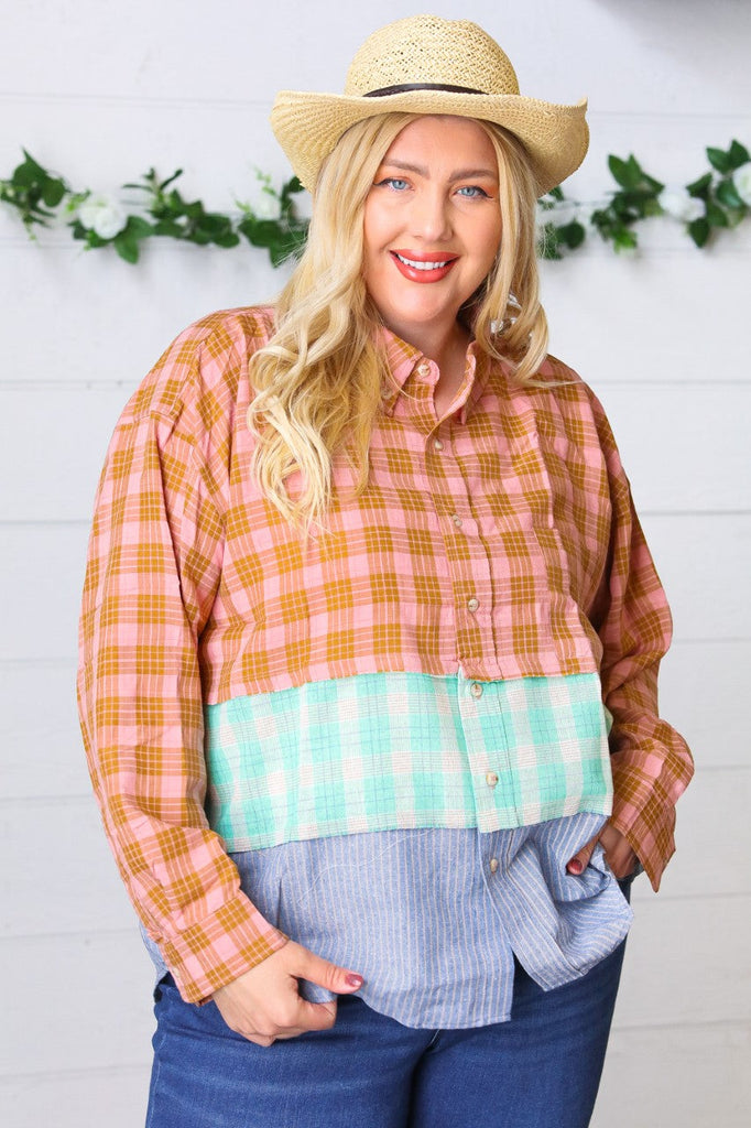 Rose Gold Cotton Linen Plaid Stripe Color Block Shirt-Timber Brooke Boutique, Online Women's Fashion Boutique in Amarillo, Texas