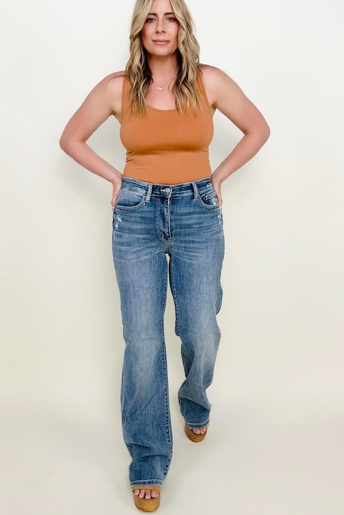 Judy Blue High Waist 90's Mild Destroy Straight Jeans-Jeans-Timber Brooke Boutique, Online Women's Fashion Boutique in Amarillo, Texas